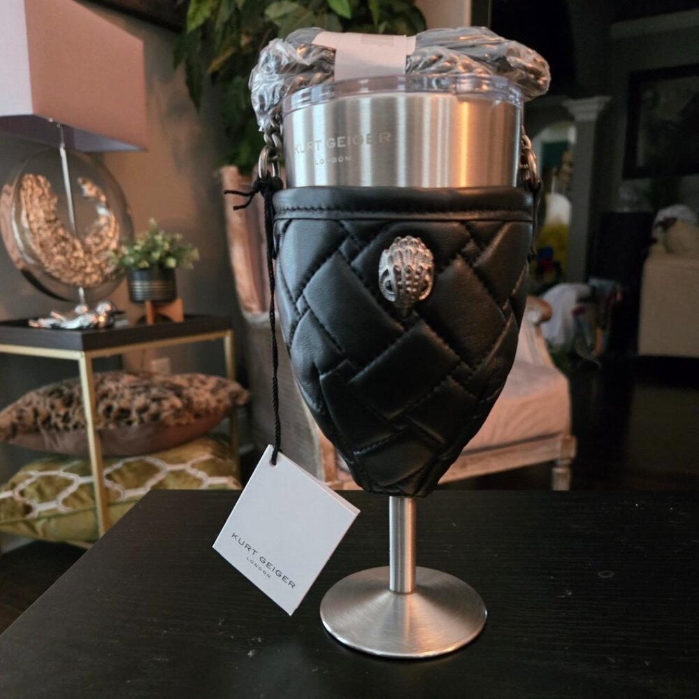 NWT Authentic Kurt Geiger Stainless Steel Wine Glass with Leather Holder